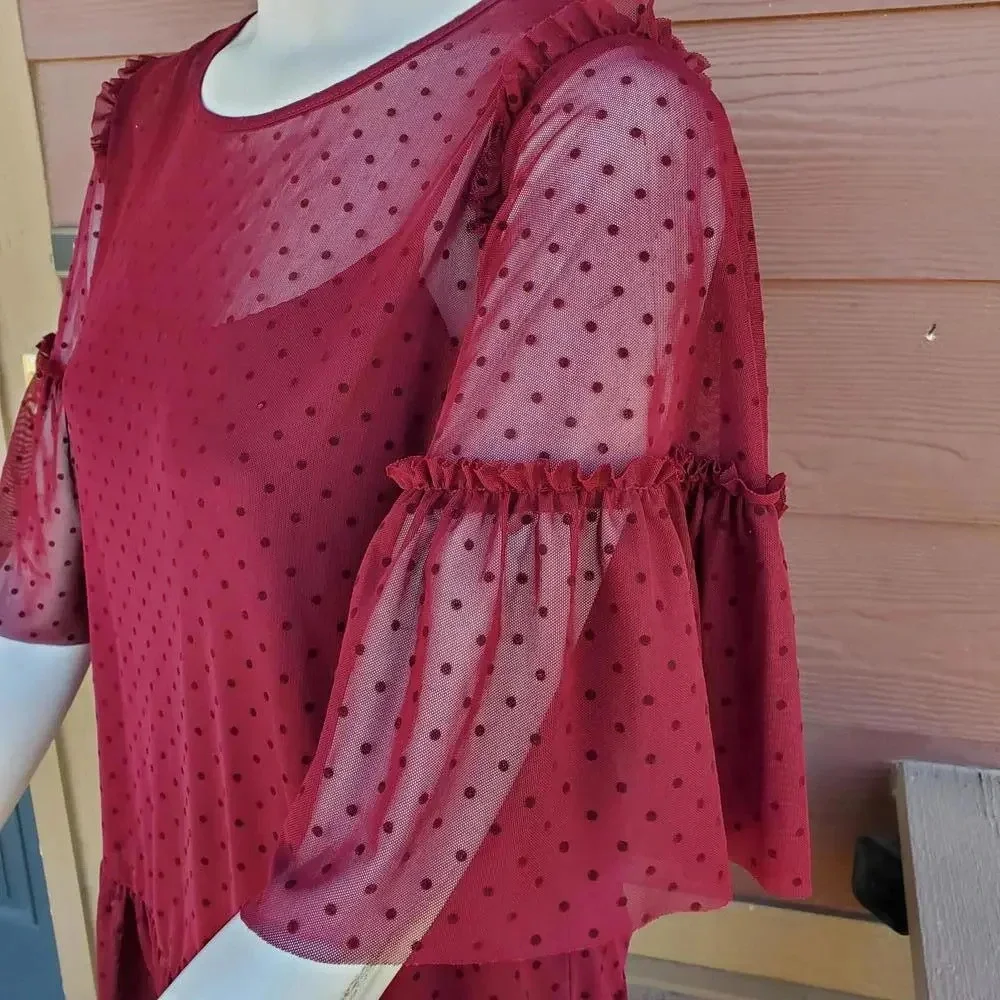 Pleione Sheer Short Sleeve Swiss Dot Blouse - Red - Women's Size Small NWOT
